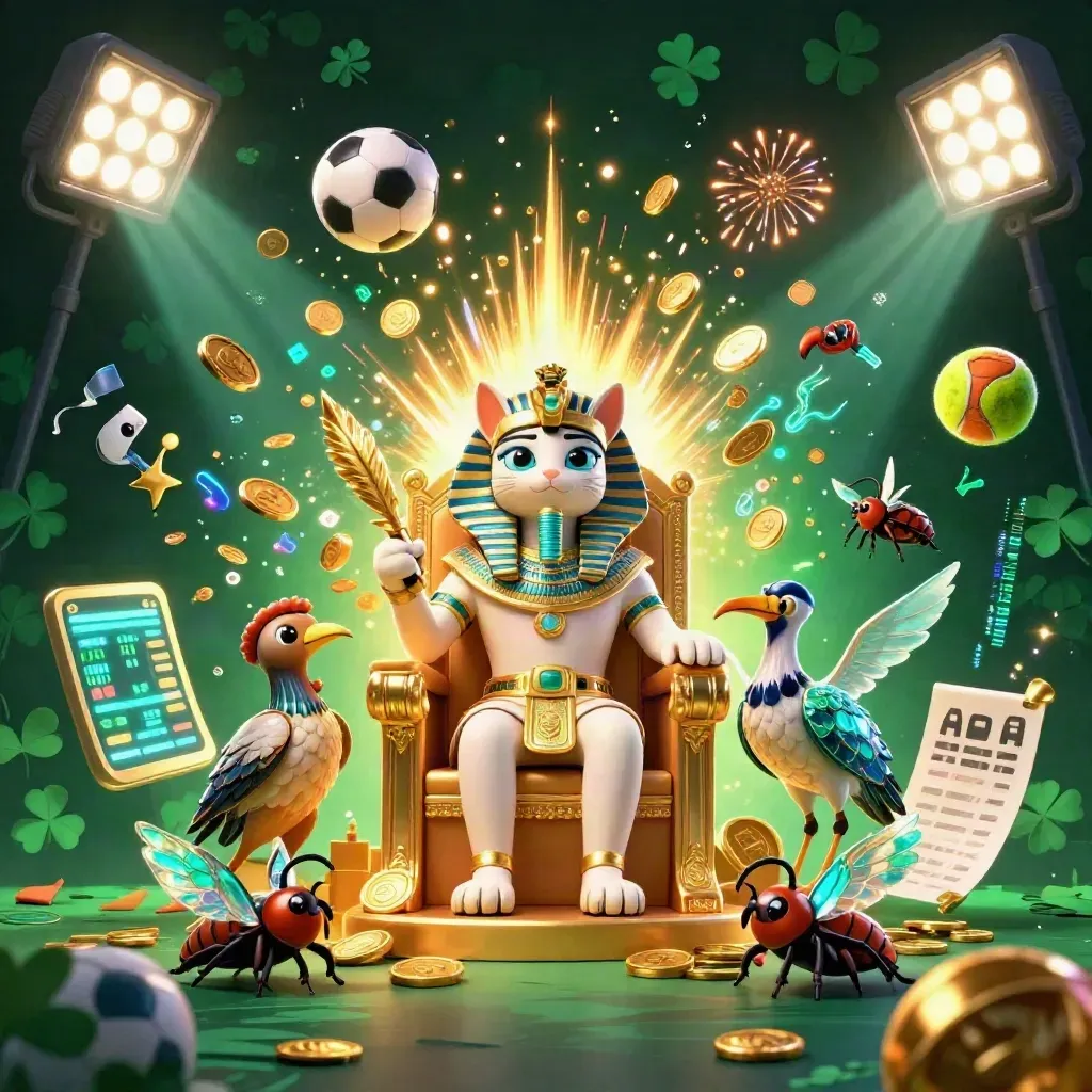 Pharaoh cat, ibis scribe, and scarabs amid coins, sports balls, trophy, and fireworks.
