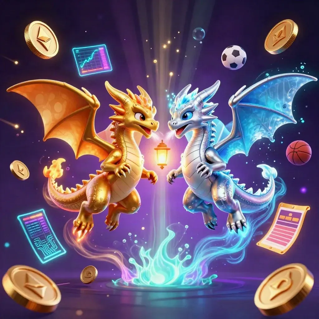 Twin gold and silver dragons spiral with coins, lightning, sports icons, and cyan-gold casino glow.