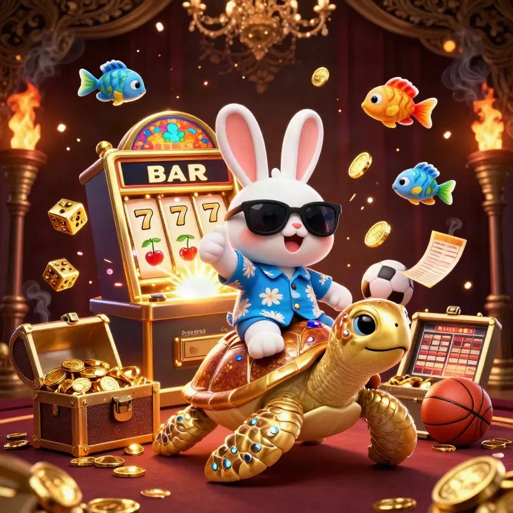 Lucky rabbit rides a gold sea turtle amid jackpots, coins, sports balls, and fireworks.