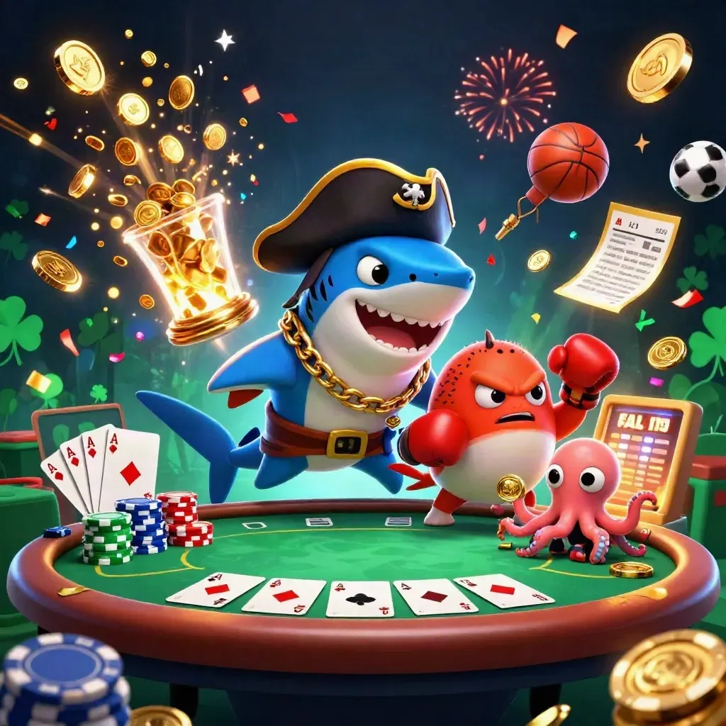 Pirate shark, boxing pufferfish, and juggling octopus amid coins, chips, and fireworks.