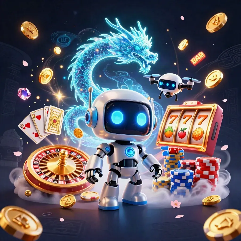 Cyberpunk robot, holographic dragon, and coin drone amid casino bursts and neon effects