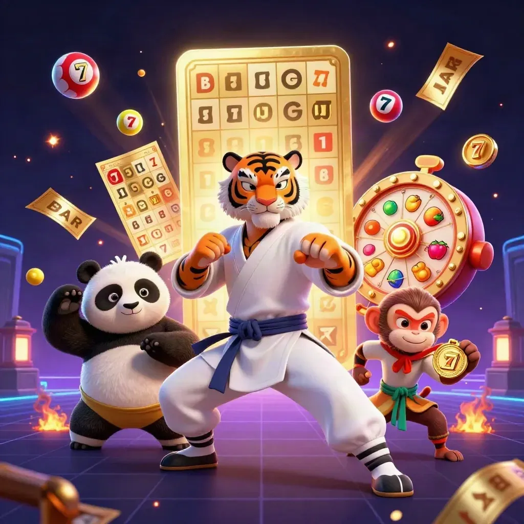 Kung-fu tiger, panda, and monkey amid casino reels, bingo balls, and neon gold effects