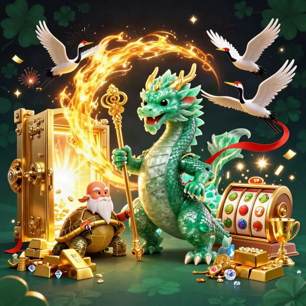Emerald dragon, turtle sage and cranes in a golden casino burst with vault door, coins and fireworks.