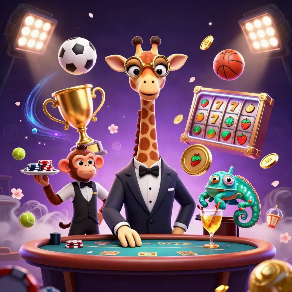 Suit-wearing giraffe, monkey valet, and chameleon bartender amid casino lights and flying sports balls.