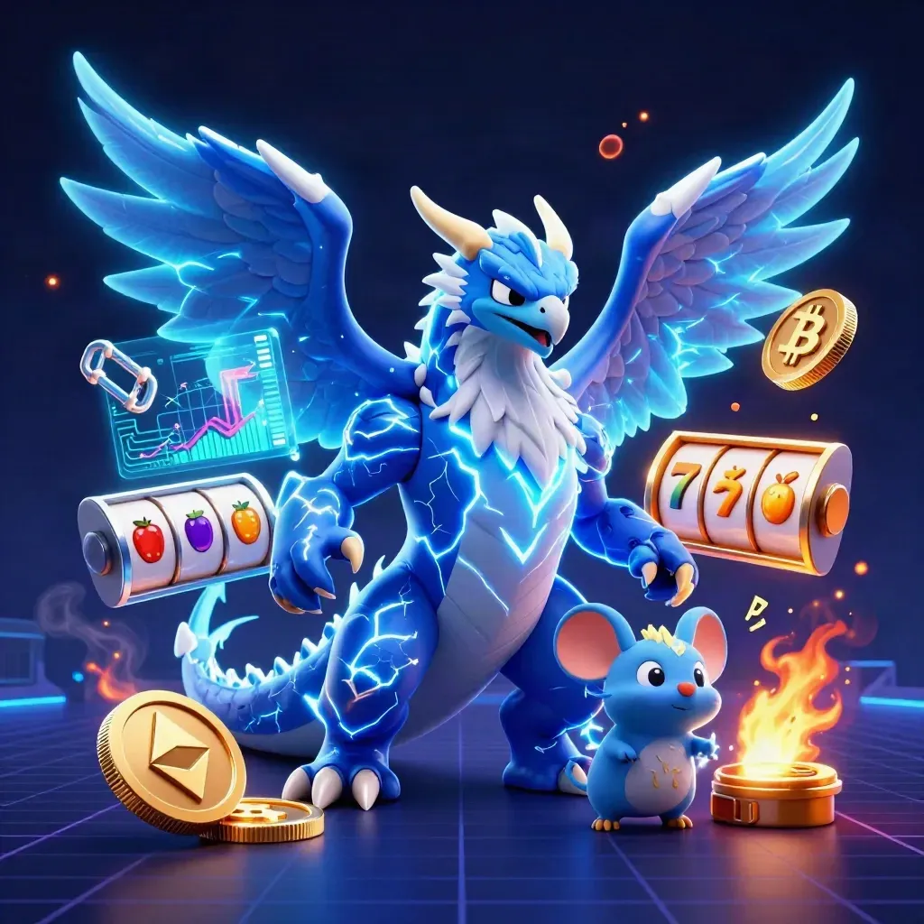 Thunder dragon, hawk, and static mouse amid neon crypto casino lightning and jackpots.