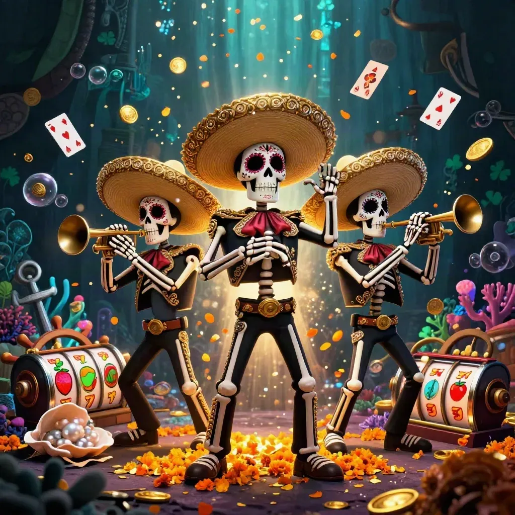 Skeleton mariachi trio amid casino treasure, cards, reels, and glowing undersea luxury.
