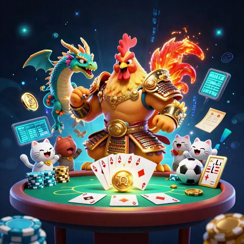 Rooster warrior, dragon hatchling, and lucky cat around a glowing gold payout coin.