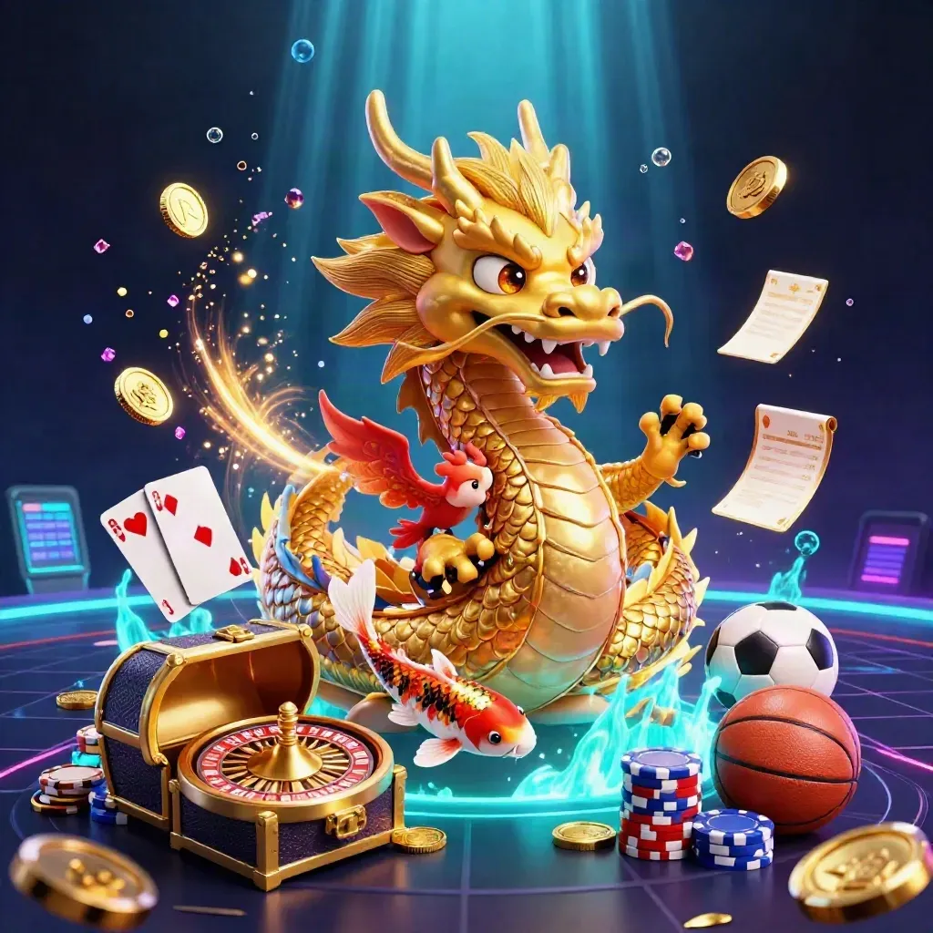 Golden dragon, phoenix and koi amid casino chips, roulette, cards and sports bets in neon luxe.