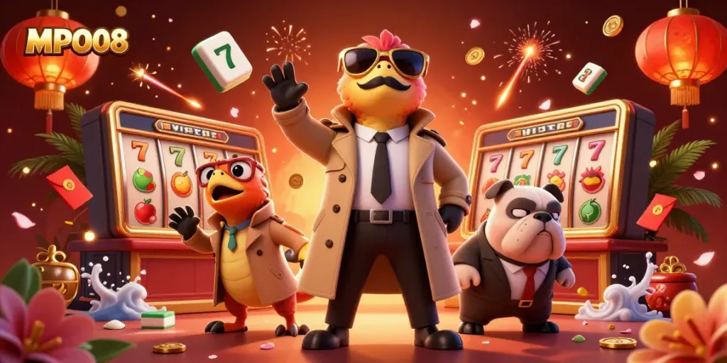 Engage with MPO08 at a VIP casino with raptors in a trench coat and fun gaming elements.