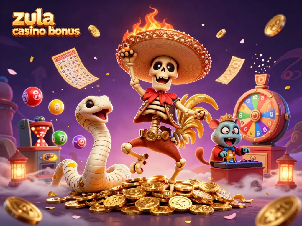 Claim the zula casino daily bonus with exciting characters and vibrant casino elements in a lively illustration.