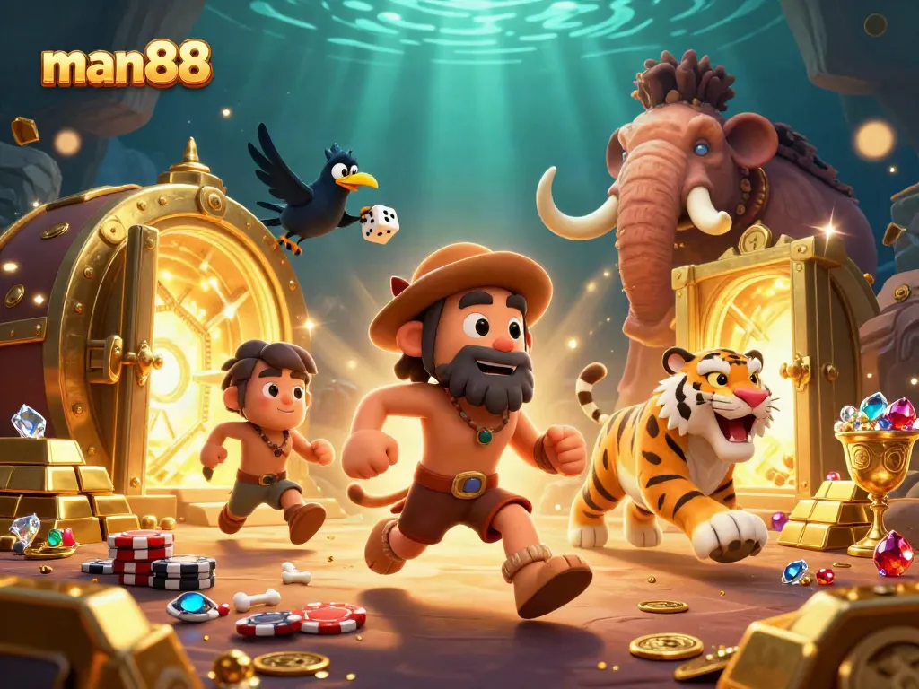 Experience exhilarating gaming at man88, a lively casino where cartoon characters celebrate with vibrant treasures and games.