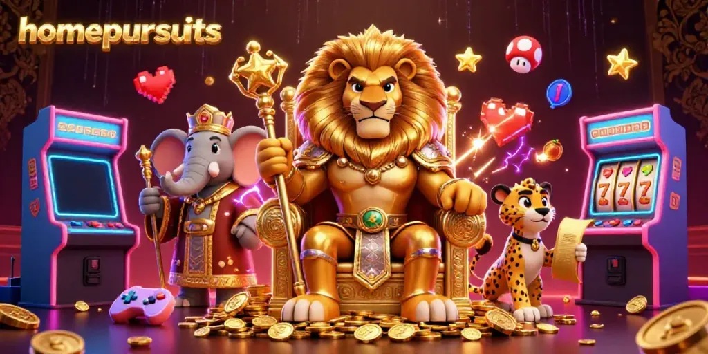 Gambaru yang menggambarkan homepursuits dengan singa raja di tahta koin emas dan elemen kasino lainnya.