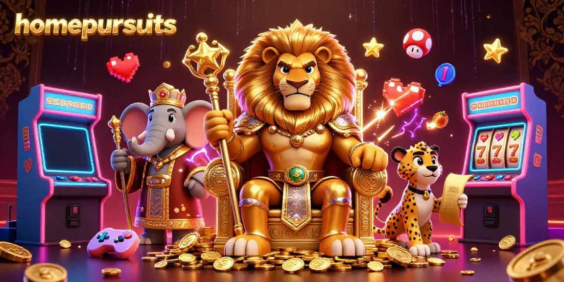 Gambaru yang menggambarkan homepursuits dengan singa raja di tahta koin emas dan elemen kasino lainnya.