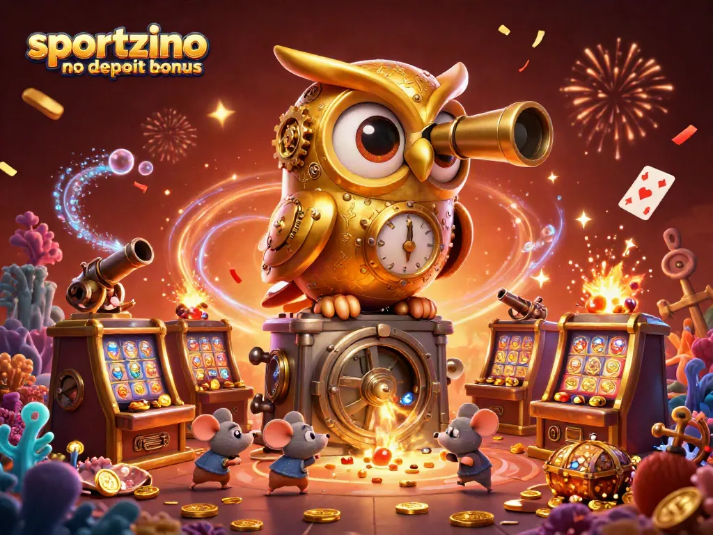 Engage with the sportzino no deposit bonus and enjoy vibrant casino action with golden coins, owls, and playful mice.