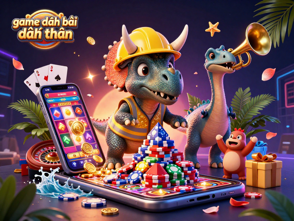 Experience the excitement of game đánh bài đổi thưởng with a vibrant 3D illustration featuring characters and dynamic casino elements.
