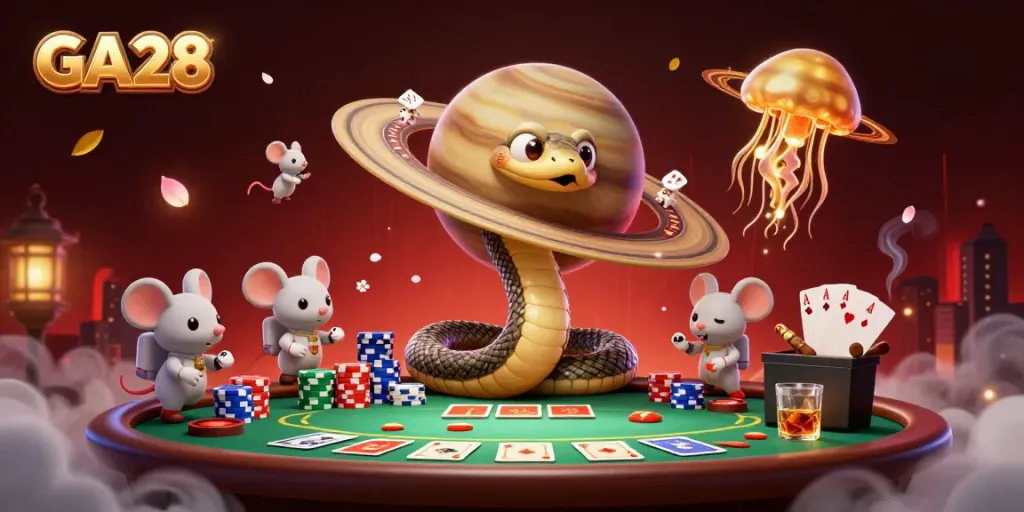 Experience thrilling bets with GA28's cosmic casino elements in an action-packed scene.