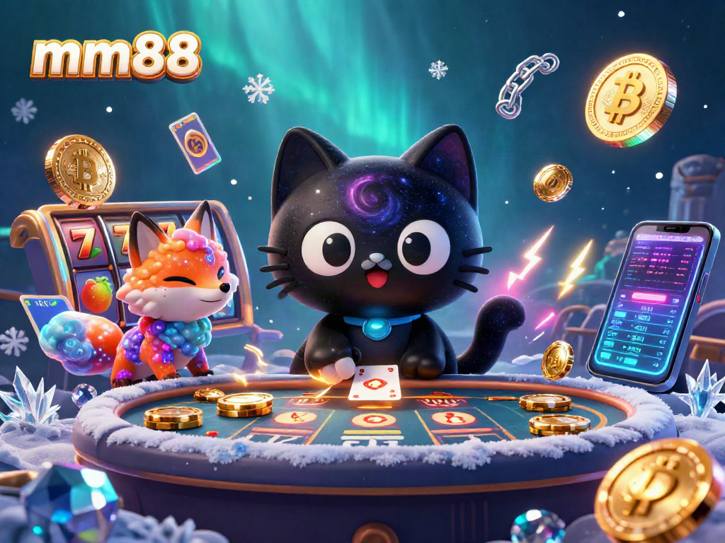 Engage with mm88's cosmic casino world featuring a black hole cat dramatically pulling in golden chips amidst dynamic slot game elements.