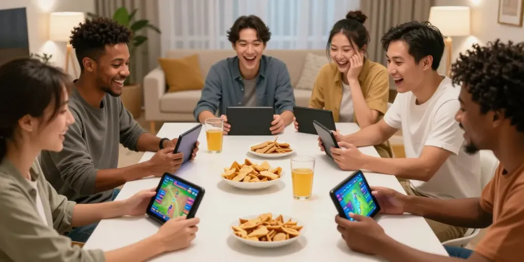 Group of friends enjoying yono games on smartphones during game night.