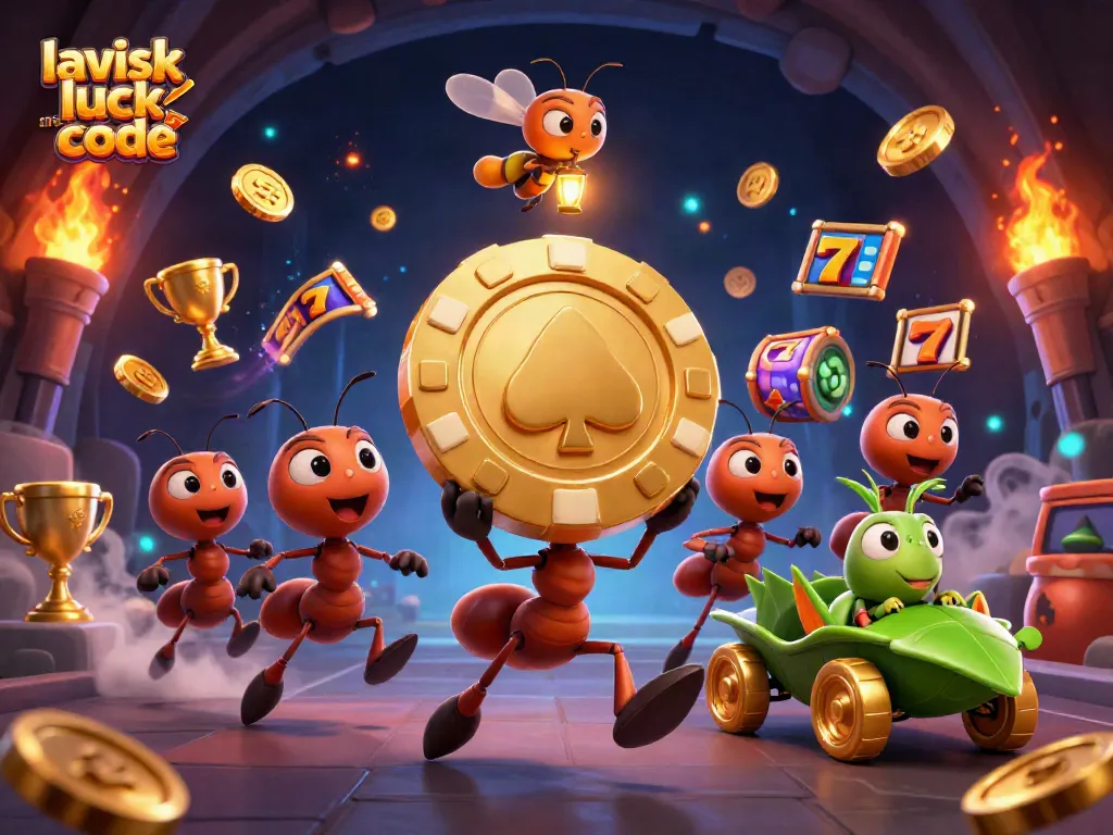 Experience excitement with lavish luck reward code as ants unite for a massive golden poker chip heist amidst slot machines.