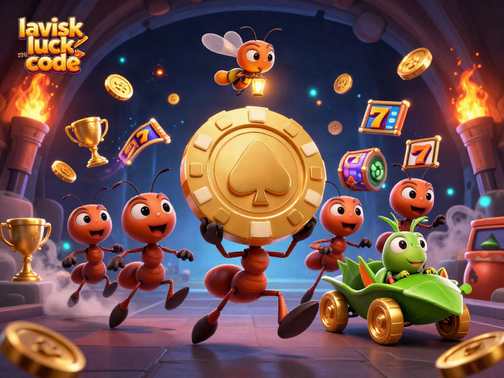 Experience excitement with lavish luck reward code as ants unite for a massive golden poker chip heist amidst slot machines.