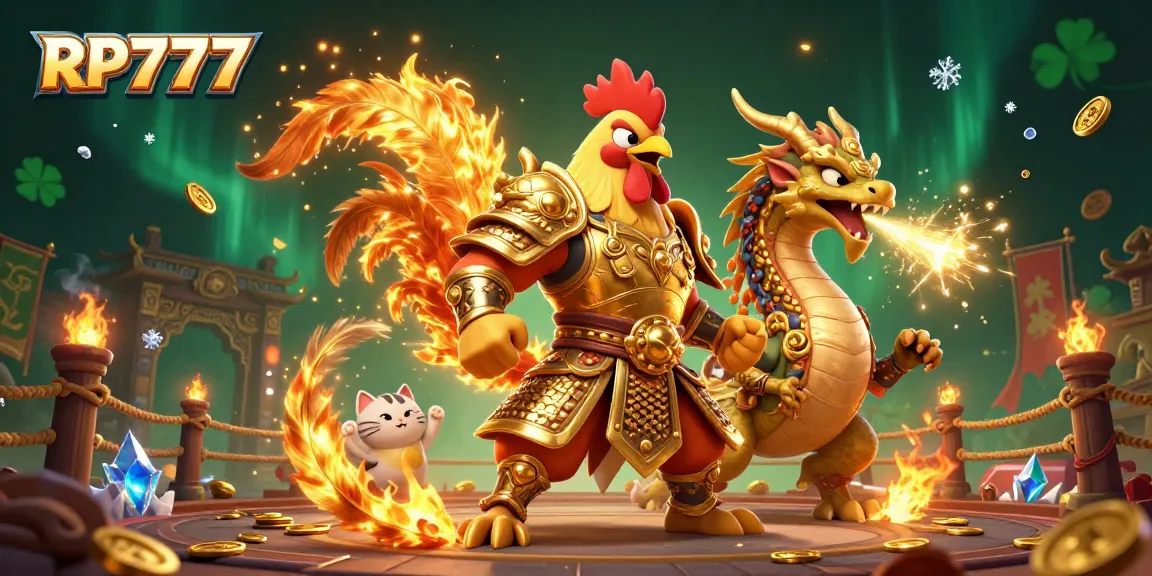 Experience RP777 with a fighting rooster and dragon in a dynamic gambling arena scene.