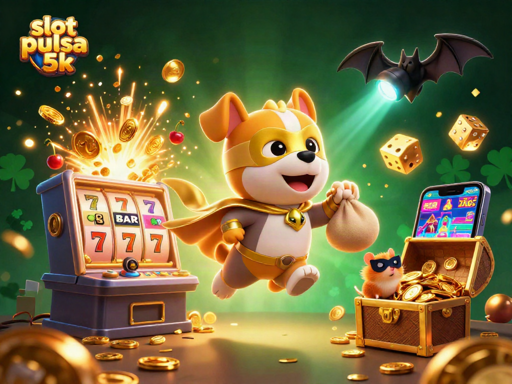 Experience excitement with slot pulsa 5k through vibrant 3D illustration of dogs and jackpots.