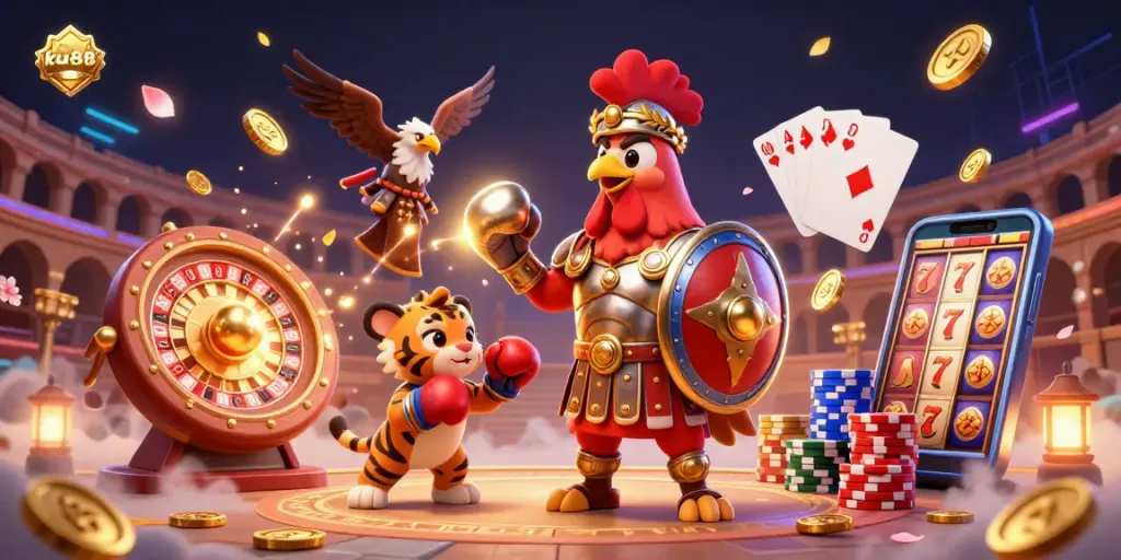 Experience exciting casino action with ku88 in this ultra-detailed scene showcasing a gladiator rooster, coins, and cards.