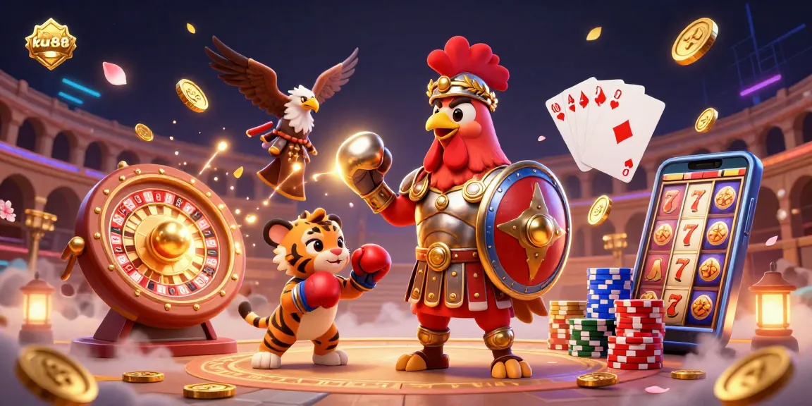 Experience exciting casino action with ku88 in this ultra-detailed scene showcasing a gladiator rooster, coins, and cards.
