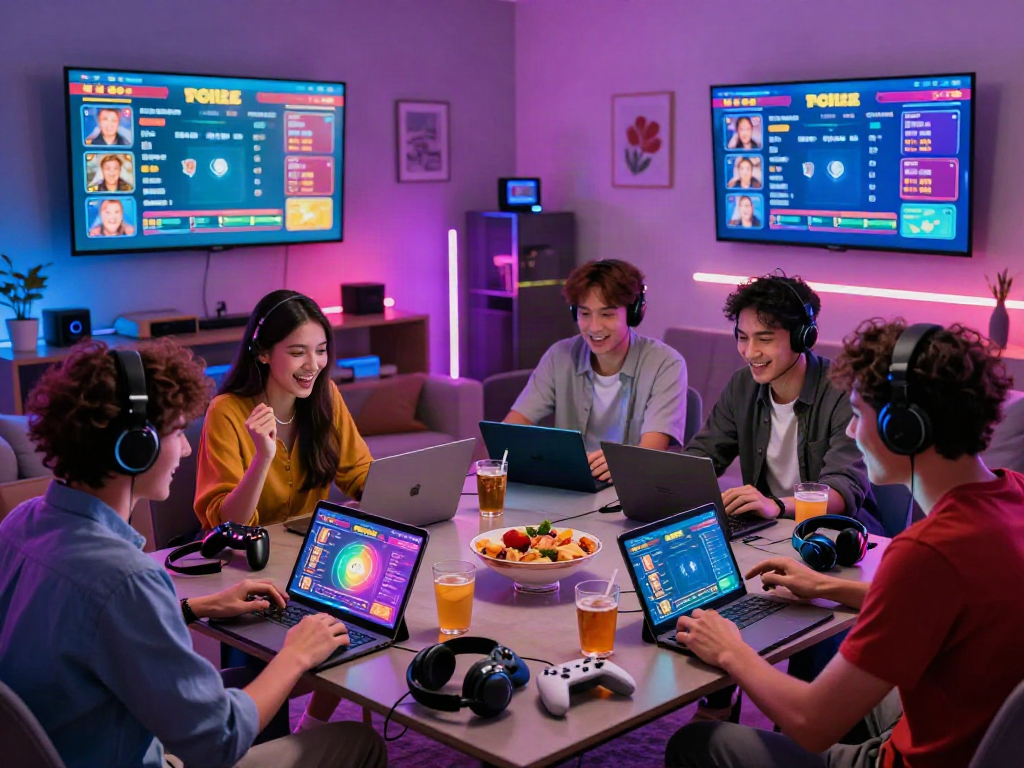 Exciting scene of friends enjoying togel online gaming together in a vibrant living room.