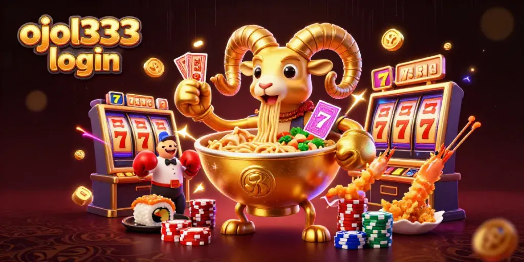Experience the excitement of ojol333 login with a vibrant casino scene featuring playful characters and slot machine elements.