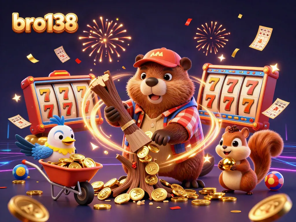 Spin and win with bro138! A dynamic casino scene featuring lively characters and vivid game elements.