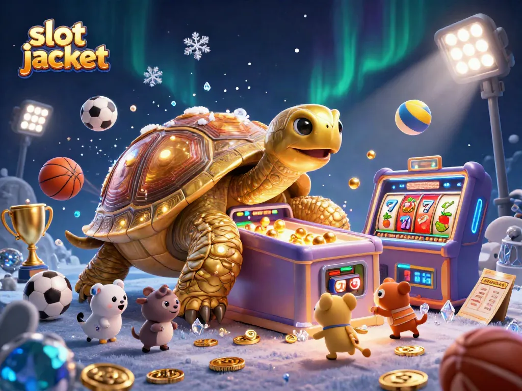 Experience thrilling slot jackpot play with a lively tortoise and dynamic slot machine elements.