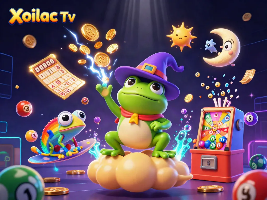 Xoilac Tv showcases a lively scene with a wizard frog summoning coins amidst colorful lottery elements in a casino vibe.