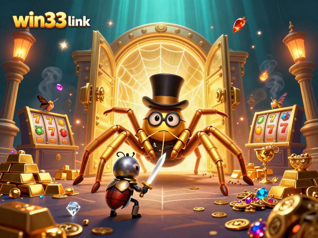 Experience thrilling online slots with win33 link, featuring vibrant casino-themed characters and treasures.