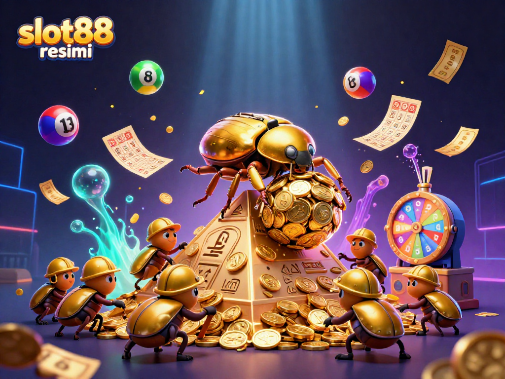 Experience the excitement of slot88 resmi with a vibrant lottery scene featuring golden beetles and casino symbols.