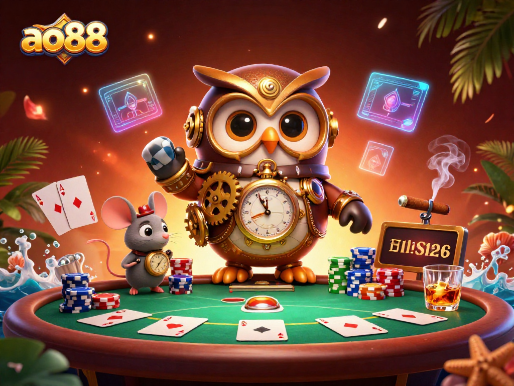 Experience the thrill of ao88 with a vibrant casino scene featuring a time-traveling owl and poker elements.