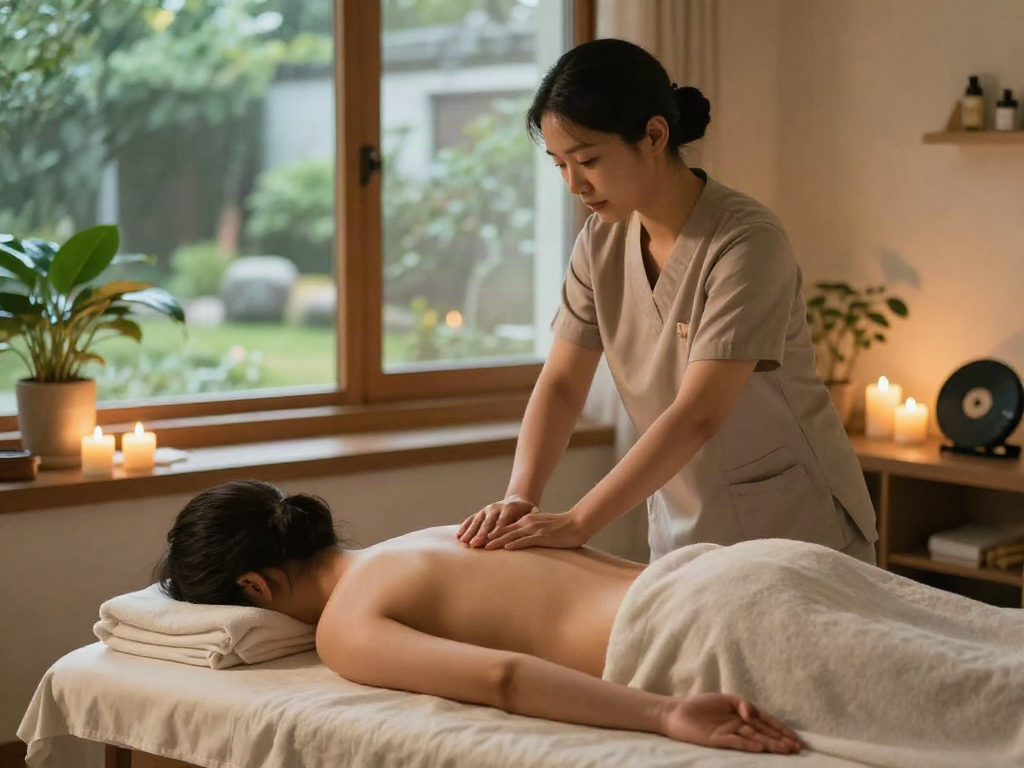 Experience tranquility with 강서구출장안마 in a calming home environment featuring a professional massage therapist.