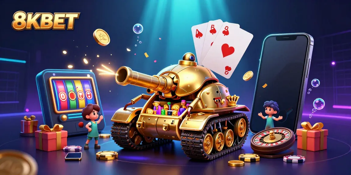 Engage with thrilling games at 8KBET, featuring vibrant slot games and festive decor in a unique 3D casino illustration.
