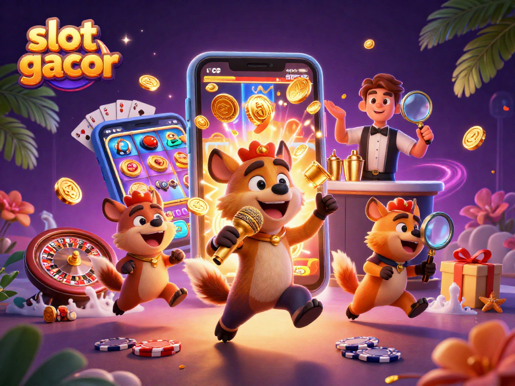 Permainan slot gacor menarik dengan karakter kartun hyena di klub kasino berkomedi.