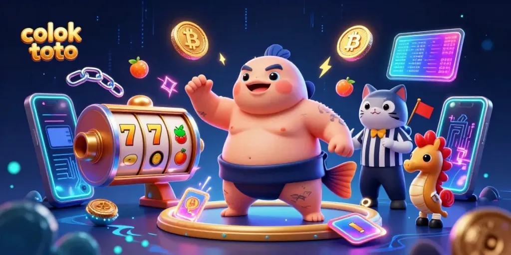 Engage with colok toto showcasing a lively casino scene featuring a blowfish in sumo attire surrounded by crypto coins.