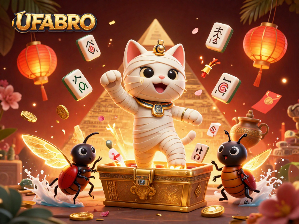 Engage with UFABRO's vibrant online casino scenes featuring an Egyptian mummy cat and dynamic game elements.