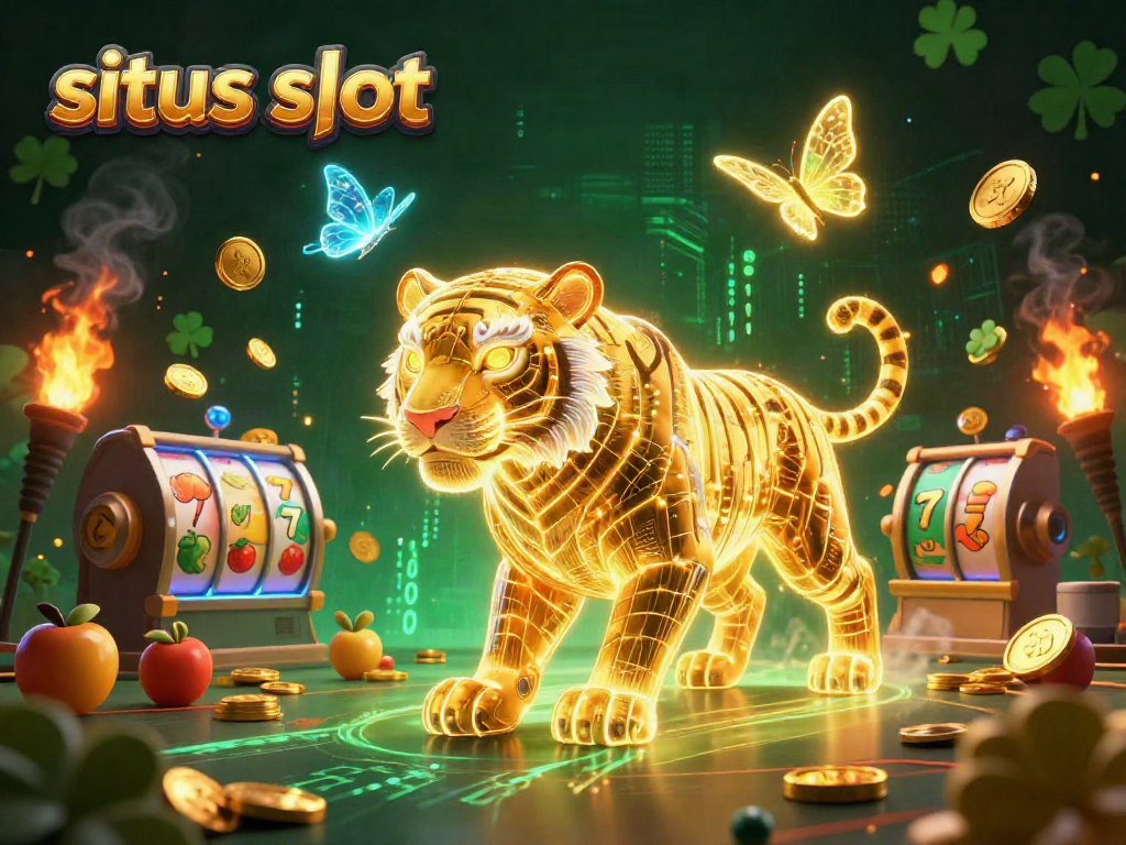 Kapala harimau emas neon dan simbol slot dalam ilustrasi 3D yang meriah untuk situs slot