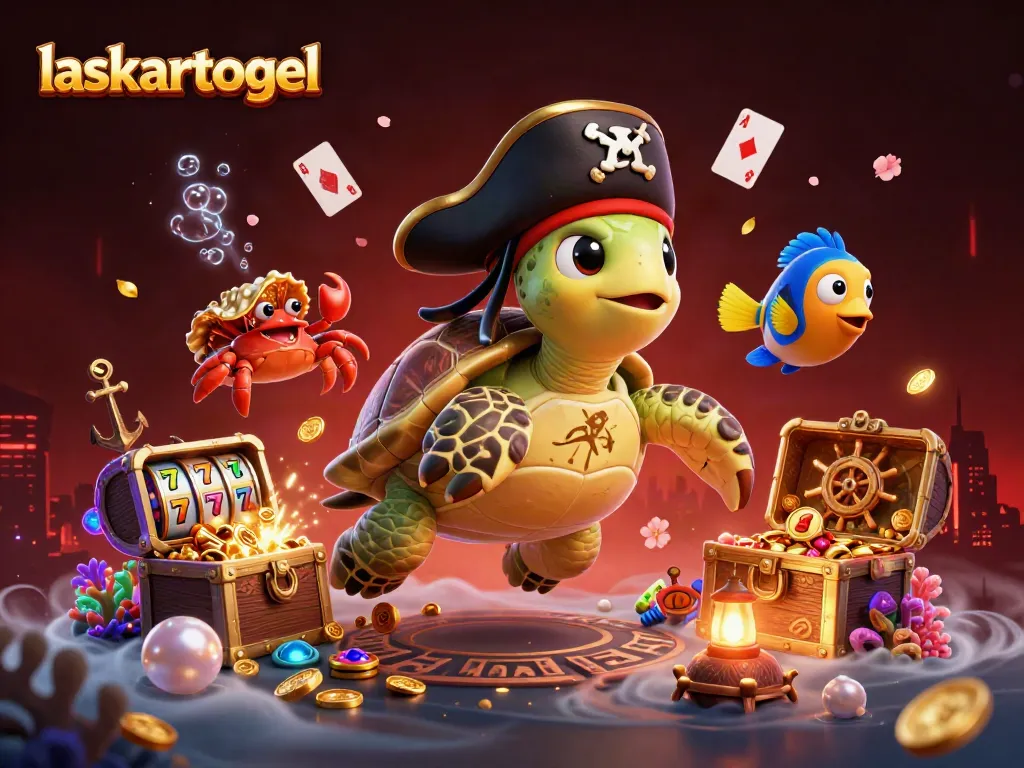 Experience the exciting gameplay of laskartogel with a vivid scene featuring a pirate turtle, hermit crab, and parrotfish amidst treasures.