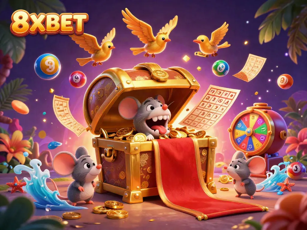 Experience thrilling adventures with 8XBET by exploring a dynamic treasure-filled 3D casino scene.