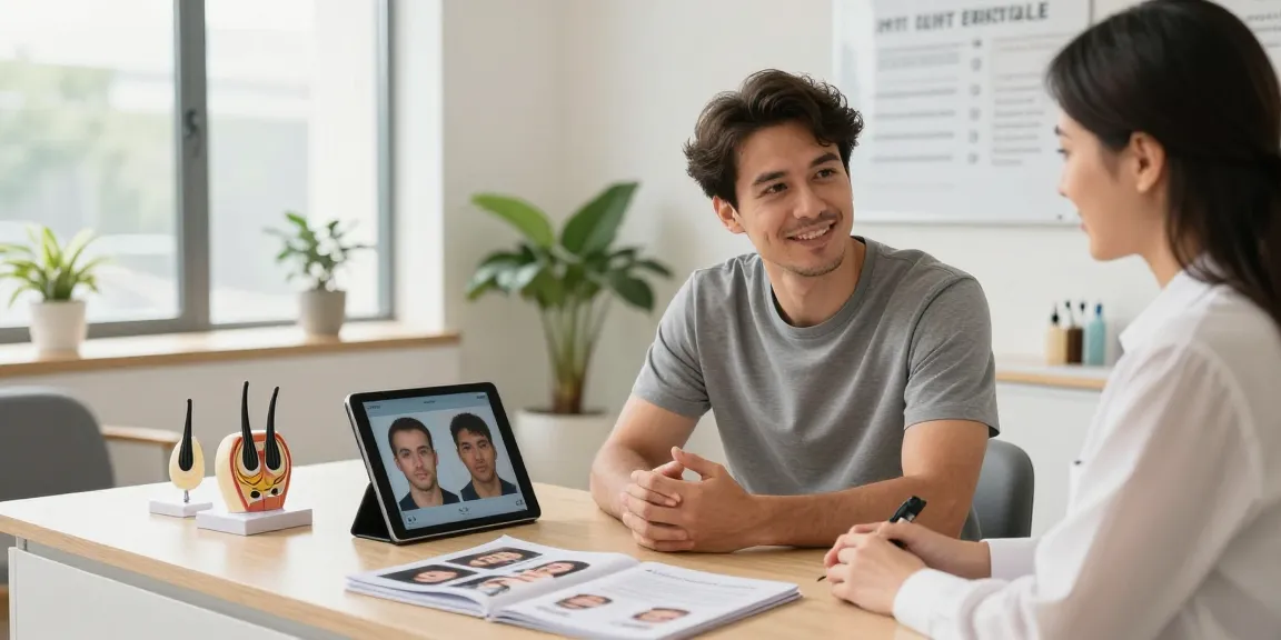 Consultation for hair transplant turkey with a patient and consultant in a modern clinic.