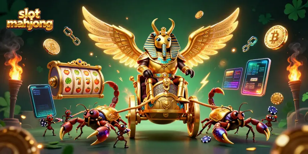 Pemain slot mahjong merayakan kemenangan dengan karakter kartun dan simbol beruntung dalam ilustrasi yang cerah.