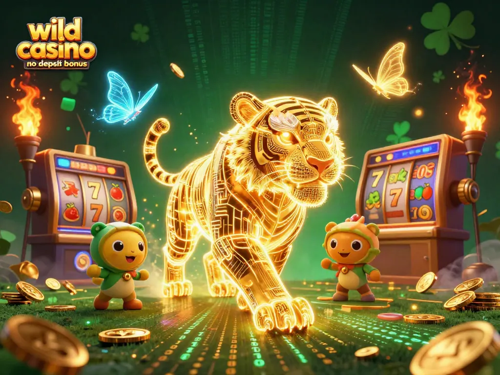 Experience wild casino no deposit bonus promotions with vibrant slot elements and a dazzling tiger in action.