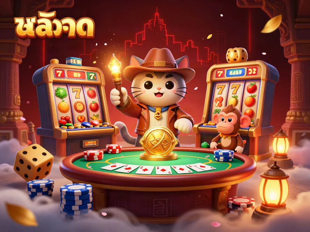 Explore exciting สล็อต adventures with an archaeologist cat discovering treasure in a vibrant casino scene.
