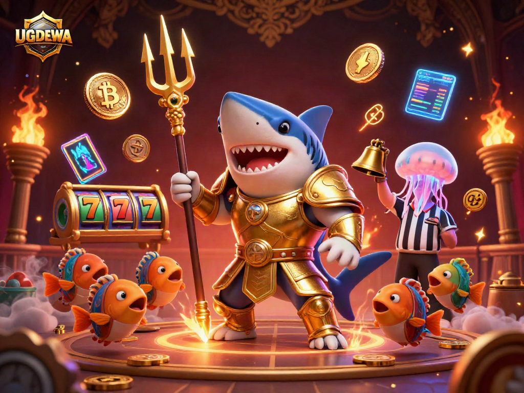 Experience thrilling jackpots with UGDEWA in an underwater casino arena, featuring vibrant characters and crypto elements.