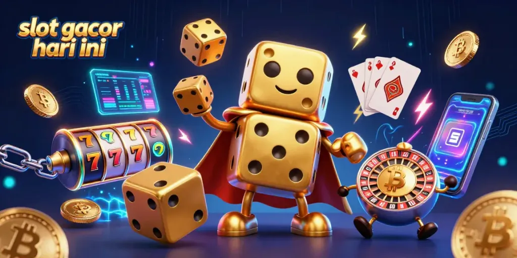 Engage with the exciting slot gacor hari ini featuring stunning 3D golden dice elements in a dynamic casino scene.